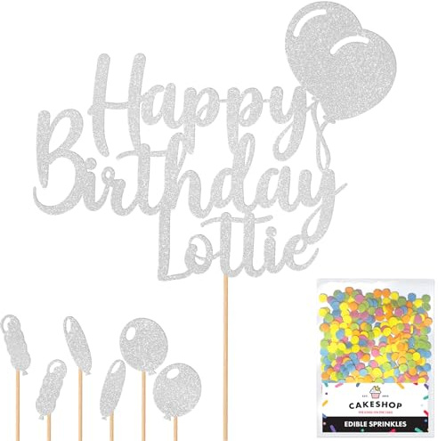 Personalised Happy Birthday Glitter Cake Topper Balloons - Light Silver Any Name Glitter Cake Decoration and Sprinkles - Happy Birthday Decorations - Personalised Toppers for Cakes by Cakeshop