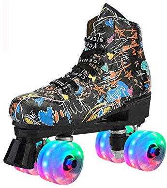 Erwachsene Roller Skates Aufleuchten Räder, PU Leder Einstellbar Doppelreihe 4 Räder Roller Skates Glänzende Schlittschuhe zum Jugendliche Jugend Damen (Color : Black, Size : 36)
