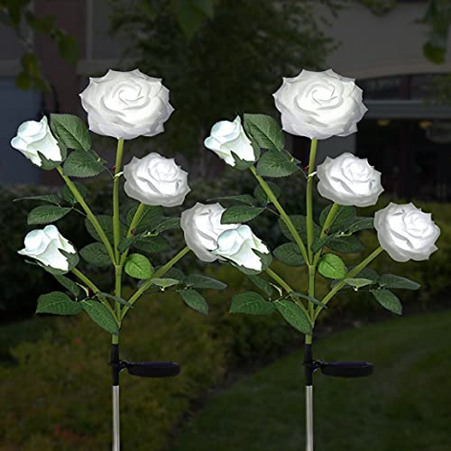 ZVO Luces Solares de Flores de Rosas, 2 Piezas10 LED Luces Solares Exterior Jardín, IP65 Lampara de Jardín de Rosas Al Aire Libre, Iluminación Decorativa para Jardín, Patio, Entrada, Caminos(Blanco)