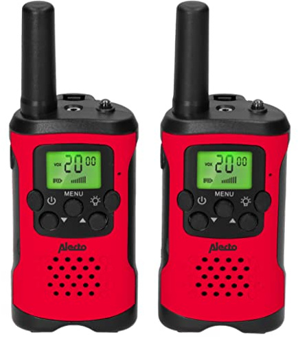 Alecto FR-115RD - Lot de Deux talkies Walkies pour Enfants - Talki Walki avec portée jusqu'à 7 kilomètres - Walky Talky 8 canaux - Lampe de Poche intégrée - Écran éclairé - Rouge