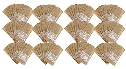Evarbuild Lot de 150 pochettes à couverts en toile de rustique pour mariage, couteau, fourchette, sac en toile de pour décoration de table