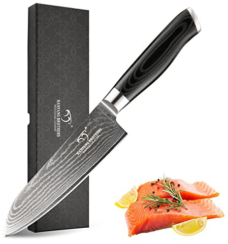 NANFANG BROTHERS Coltello Santoku Acciaio Damasco VG10 Di 6,3 Ultra Affilato, 67 Strati, Perfetto Per Tritare, Tagliare E Affettare. Include Scatola Regalo