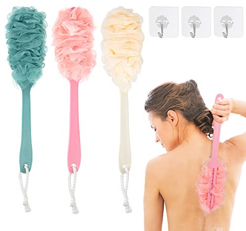 Long Handle Bath Brush with Soft Mesh Shower Body Brushes Back Scrubber with 3 Hooks Body Brush for Exfoliating and Removing Dead Skin 3 Pieces