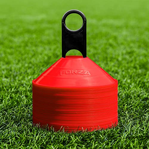 FORZA Trainingsmarkierungshütchen | 10 leuchtende Farboptionen – Premium-Trainingsausrüstung mit Ständer, Für Fußball-, Rugby- und Fitnessübungen [50er- oder 1000er-Pack] (50, Rot)