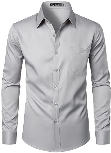 Parklees Camicia da uomo, urbana, alla moda, per il tempo libero e da lavoro, vestibilità aderente, maniche lunghe, bottoni, camicia con tasca, grigio chiaro, XL