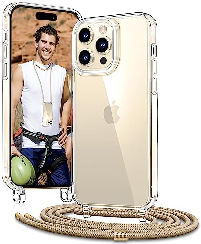 Vaykwo Handykette mit Band für Apple iPhone 14 Pro Max Hülle - Necklace Handyhülle - Transparente Case zum Umhängen mit Kameraschutz und Bildschirmschutz - Golden