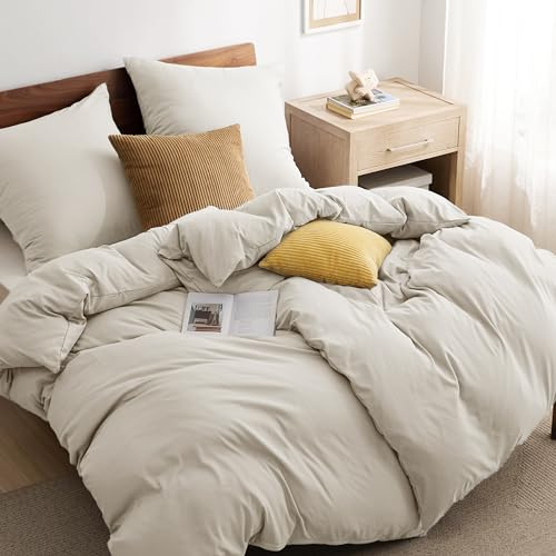 BEDSURE Ropa de cama de 135 x 200 cm, 4 piezas, lino, 2 fundas nórdicas de 135 x 200 cm y 2 fundas de almohada de 80 x 80 cm, certificado Öko-Tex, color beige, poliéster, microfibra con cremallera