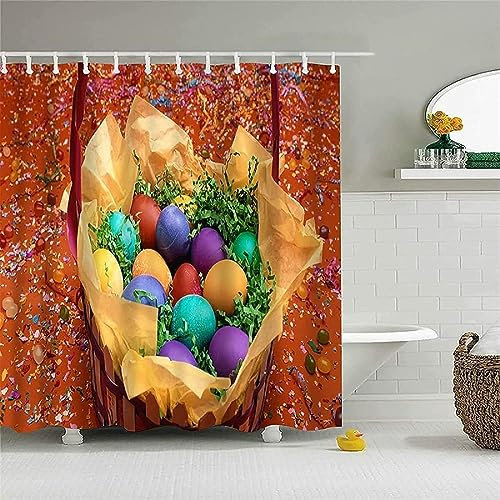 HATEGE Eggs Extra Long Shower Curtain Mould Resistant Easter Bathroom Curtains Shower 3D Wet Room Shower Curtains 200x200 cm Washable Polyester Fabric Bath Curtain With 12 Hooks