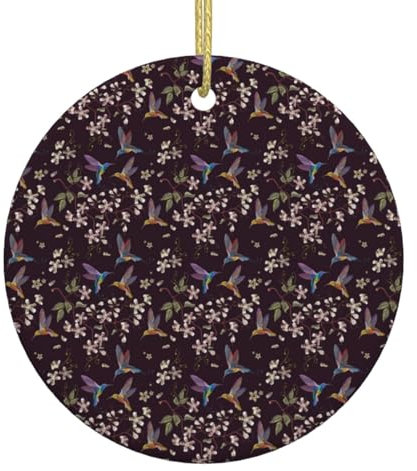 Weihnachtsschmuck Kolibri und blühende Blumen bedruckte runde Keramikornamente Handwerk Weihnachtsbaum Keramik hängende Weihnachtsbaumschmuck für Zuhause drinnen draußen Urlaub Dekor