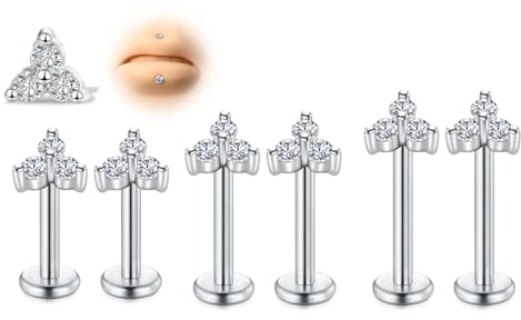 AVYRING 6 pezzi di filo in acciaio inox Medusa Flat Back earrings, 16G 6/8/10mm Silver Tragus Cartilage Helix Lip Labret Studs with Steel Ball and CZ for Women Men Forward Helix Jewelry, Acciaio
