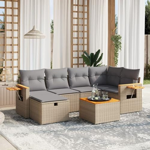 Rantry 7-TLG. Garten-Sofagarnitur mit Kissen Beige Poly Rattan Gartenmöbel Model3265525