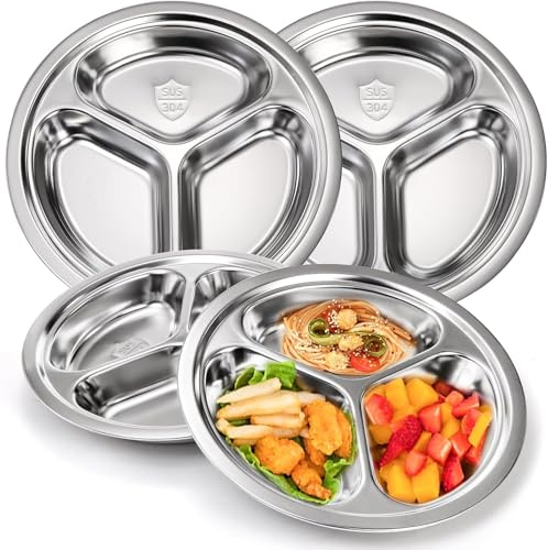 Hacaroa Set of 4 Stainless Steel Round Divided Plates, 20 cm Dinner Plates 3 Sections Metal Food Tray, Unbreakable Snack Serving Platter for Fruit, Vegetable, Chips