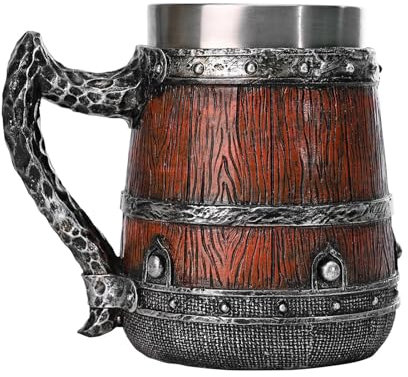 Jarra de cerveza - Jarra de cerveza alemana hecha a mano, Jarra de cerveza clásica | Taza de cóctel de acero inoxidable de doble pared con forma de barril de madera simulada, 550 ml, con asas, jarra d
