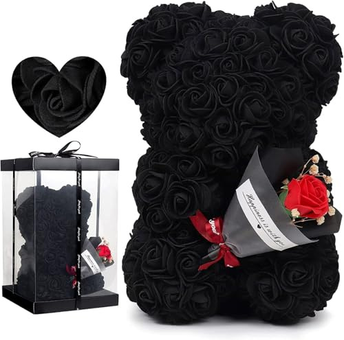 GDJIAYIYI Rosen-Teddybär, Rosenblumenbär, künstlicher Blumenbär, Bär, Geburtstagsgeschenk, für Frauen, Damen, Freundinnen, Mädchen, Mütter, Großmütter, Väter (schwarz)