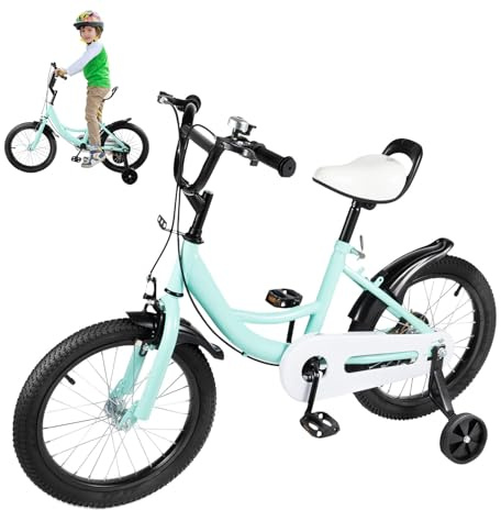 OUBUBY Bicicleta infantil de montaña 16 pulgadas para niños y niñas desde 5 a 8 años, luz portaequipajes, altura ajustable, con estabilizadores y frenos de mano
