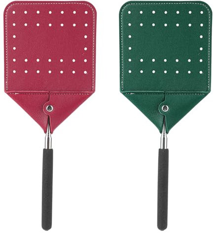 2pcs Telescopic Leather Fly Swatters, Telescoping Manual Heavy Duty Flyswatter with Long Handle Extendable Fly Swatters for Swatting Mosquitoes Flies Indoors Outdoors(Red, Dark Green)