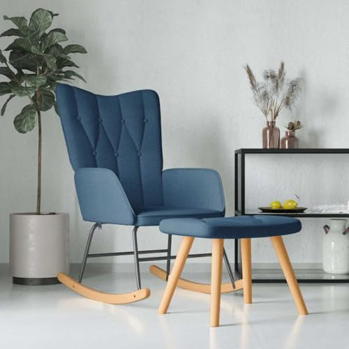 KOIECETA Schaukelstuhl mit Hocker Schwingstuhl mit Armlehne Schaukelsessel mit Holzkufen Stahlgestell Relaxsessel Schwingsessel Wohnzimmer Modern Blau Stoff
