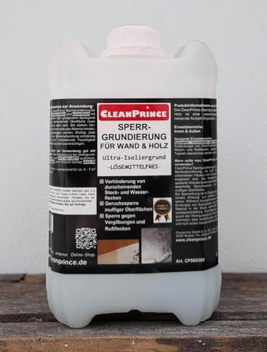 CleanPrince Sperrgrundierung für Wand und Holz 5 Liter | Ultra - Isoliergrund Sperrgrund Lösemittelfrei Geruchssperre | keine Farbe