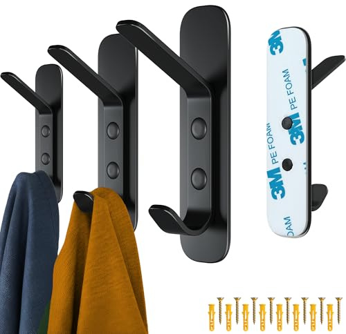 4smile Self Adhesive Hooks - Versatile for Heavy Coat Hanging on Walls & Doors with Dual Adhesive or Nail Option, 4Pack Metal Double Design, Black