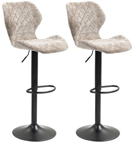 HOMCOM Barhocker 2er-Set, Drehbar Höhenverstellbar Barstuhl mit Chenille-Optik, Gepolstert Küchenstühle mit Rückenlehne und Fußstütze Tresenhocker für Küche, Stahl Braun