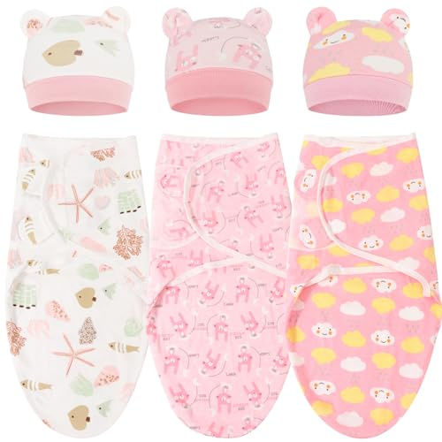 DRESHOW Recién Nacido Swaddle Manta Sombrero Set Bebé Impreso Swaddles Infantil Ajustable Sleep Sack para 0-3 Meses Niñas Niños