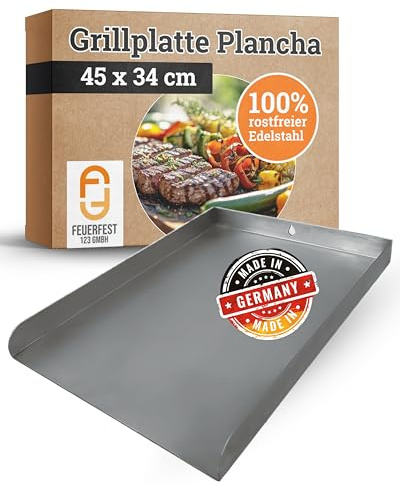 Feuerfest 123 Edelstahl-Plancha I 45x34cm I Hochwertige Grillplatte für Kohle- & Gasgrill I Massive Grill-Plancha mit 2mm Stärke I Grill-Blech aus Handarbeit I spülmaschinengeeignet & auslaufsicher