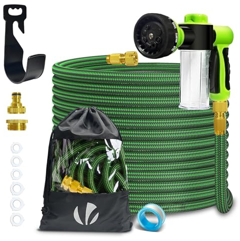 VOUNOT Flexibler Gartenschlauch 15 m, Flexibel Wasserschlauch Dehnbarer mit 8 Sprühfunktionen, Spülmittelbehälter, Schnelladaptern und Wandhalterung, Grün