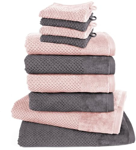 Pure Label Handtücher Set 10-TLG 2x70x140 4x50x100 4x16x21 Anthrazit|Rosa | weich, saugstark, 100% Baumwolle & OEKO-TEX, mit Schlaufe