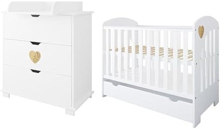 ZEE - Baby-Möbelset - Babybett Kinderbett, 2w1 Bett Heart - mit Schublade und Schutzgitter - Kommode mit Wickeltisch - mit Dekorativer Herz - Kinderzimmer Möbel Set - Bett 120x60cm - Weiß