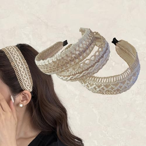 MSLSOZ Juego de 3 diademas tejidas bohemias de metal con envoltura de tela, accesorios para el cabello naturales para mujer, decoración del cabello para vacaciones en la playa y regalos (caqui)
