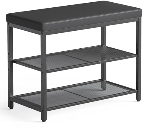 Mondeer Schuhbank mit Gepolsterter Sitzfläche, Schuhregal mit 2 Gitterablagen Höhenverstellbar Platzsparend Industriestil, für Eingang Flur Schlafzimmer, 60 x 30 x 50 cm, Schwarz