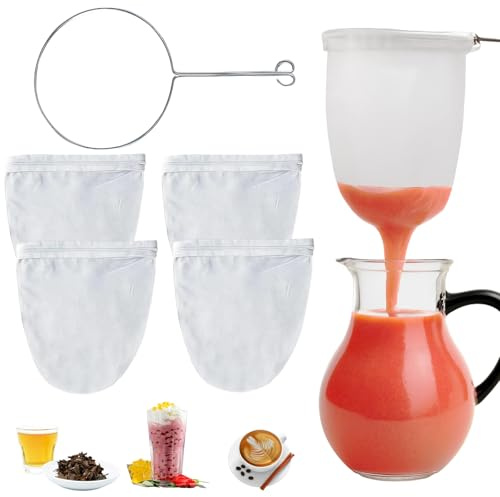 4 Stück Nussmilchbeutel, Passiertuch, Nussmilchbeutel Waschbar, Cheesecloth, Passiertuch Wiederverwendbar, Mit 1 Stahlring, Nussmilch, Kaffee, Saft, Gemüsesäfte, Getränke, Praktische Küchengeräte