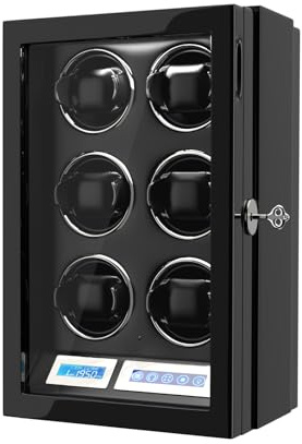 DUKWIN Key Lock Uhrenbeweger für 6 Automatikuhren mit LCD-Bildschirm, weißem LED-Licht, verstellbarem Uhrenkissen und Supper leisem Motor für Uhrenliebhaber, Schwarz