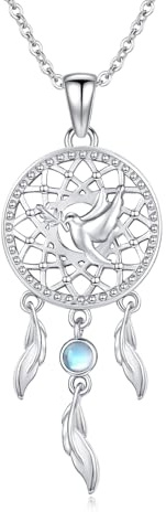 REDSUN drömfångare halsband 925 sterlingsilver böhmisk dreamcatcher fjäder halsband månsten hänge drömfångare smycken gåvor för kvinnor tonåring flickor, M, Sterlingsilver, Kubisk zirkonia