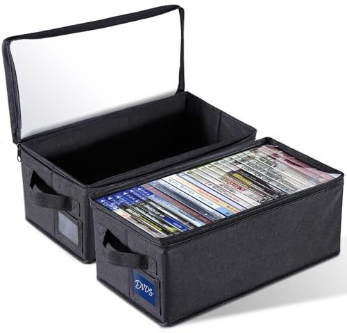 CCidea DVD Storage Box with Clear Window - 15.75 Foldable Media Organizer, Premium Zipper Closure, Holds 27+ DVDs, Dustproof Non-woven Fabric, Reinforced Handles & Label Slot (2)