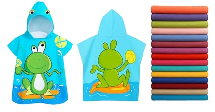 Archival Kids Hooded Microfiber Towel Poncho – Beach & Bath Towels Ultra-Absorbent Swim Towel with Fun Cartoon Prints Lightweight & Lightweight & Sand-Repellent (Frog, 75 x 150 cms)