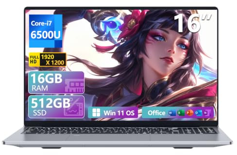 Ordenador Portátil 16 pulgadas, Core i7 6500U PC Portátil, 16 GB RAM 512 GB SSD Win 11 gráficos UHD, pantalla FHD de 1920 x 1200 Laptop, teclado numérico retroiluminado, Touch ID Computadora portátil