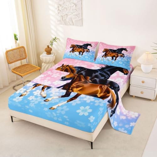 Homemissing hästbäddset king size galopperande hästsäng set körsbärsblommor djup ficka anpassat lakan andas mjukt