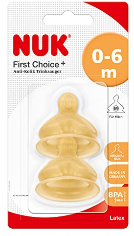 NUK First Choice+ Latex-Trinksauger | f??r ein nat??rliches Trinkgef??hl | kiefergerechte Form | Gr??? e 1 | 0-6 Monate | M f??r Milch | 2 St??ck