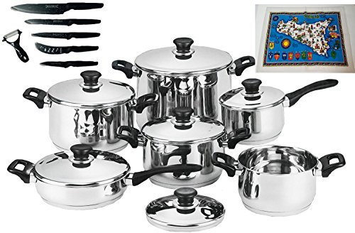 BATTERIA DI PENTOLE SET PENTOLE PADELLE + SET COLTELLI 19 PEZZI IN ACCIAIO INOX 18/10 BAVARIA