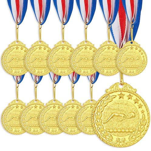 Juvale Gold Swim Medals for Kids - 2-in Zinc Alloy, 15-in Red White & Blue Ribbon, 12 Pack