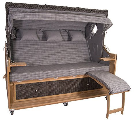 Familien Strandkorb Kampen 4-Sitzer Spezial in Mocca Duo Polyrattan PE-Geflecht Teakholz Teak