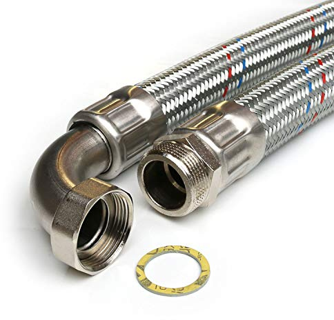 H2O-Flex Panzerschlauch 1 1/4AG x 1 1/4ÜM mit Bogen, DN32, Länge 70 cm, Made in Germany