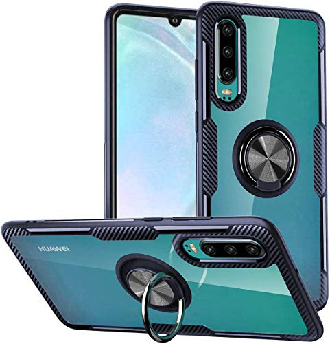 WATACHE Huawei P30 Case, Clear Crystal Carbon Fiber Design Armor Protective Case with 360 Degree Rotating Finger Ring Grip Holder Stand [Magnetic Car Mount Feature] for Huawei P30 (Blue)