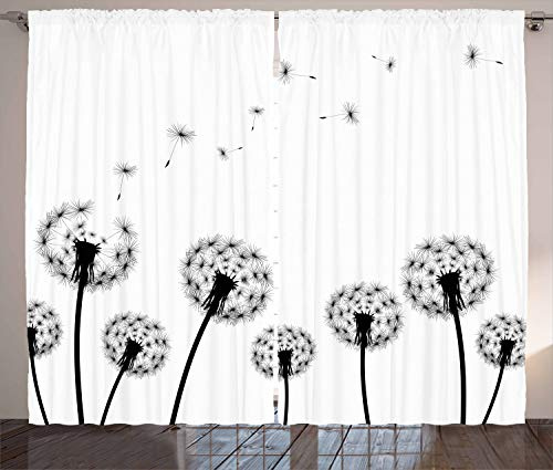 ABAKUHAUS Löwenzahn Rustikaler Gardine, Faded Blowball Pflanze, Schlafzimmer Kräuselband Vorhang mit Schlaufen und Haken, 280 x 175 cm, Weiß und Dunkelgrau