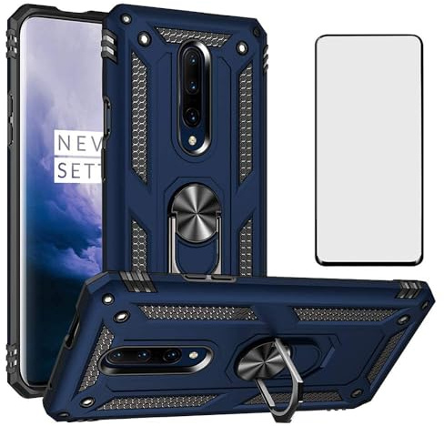 Asuwish Funda para OnePlus 7 Pro con Cristal Templado Protector Pantalla Vidrio Pelicula Protectora Magnética Anillo Soporte TPU Silicona 7Pro GM1913 Móvil Tapa Carcasa Capa Case Hombre Mujer Azul