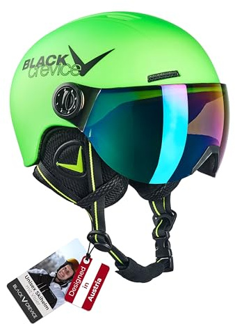 BLACK CREVICE Casco de esquí para niños Leogang I Casco esquí con viseraestilo piloto I Casco Snowboard para niños y niñas I Casco esquí Transpirable I Tamaño (48-52, Neon Verde)