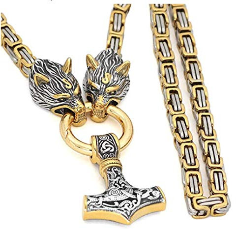 PRETTYROSARY Chaîne royale Viking en acier inoxydable - Pour homme - Or - Thors Hammer - Chaîne en acier inoxydable doré - Collier rois loup punk - Pour homme - 70 cm, Acier inoxydable, Pas de gemme