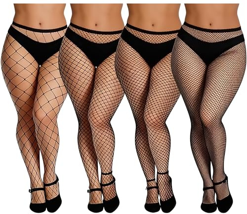 URATOT 4 Pairs Plus Size Fishnet Cross Mesh Tights Sexy Fishnets Pantyhose Stockings Thigh High Stockings