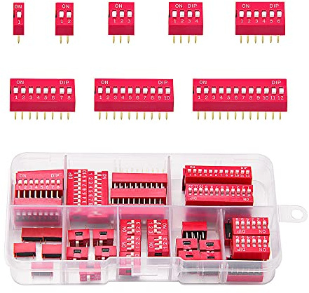 VooGenzek 40 Stück 1 2 3 4 6 8 10 12 Pin Zweireihiger DIP-Schalter, 2.54mm Rutschtyp Roter Kippschalter, für Schaltkreis-Breadboards PCB (Rot)